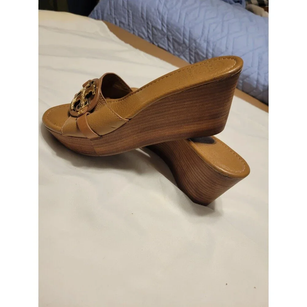 Tory Burch Women's Brown Leather Logo Wedge Slide Slip-On Sandals Size 7.5